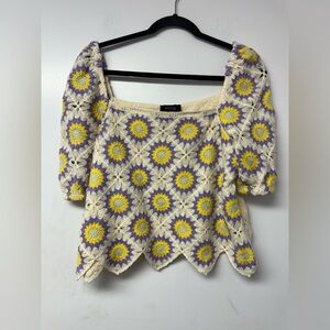Week& Granny Crochet Daisy Floral Puff Sleeve Cropped Top L/XL Cottagecore P